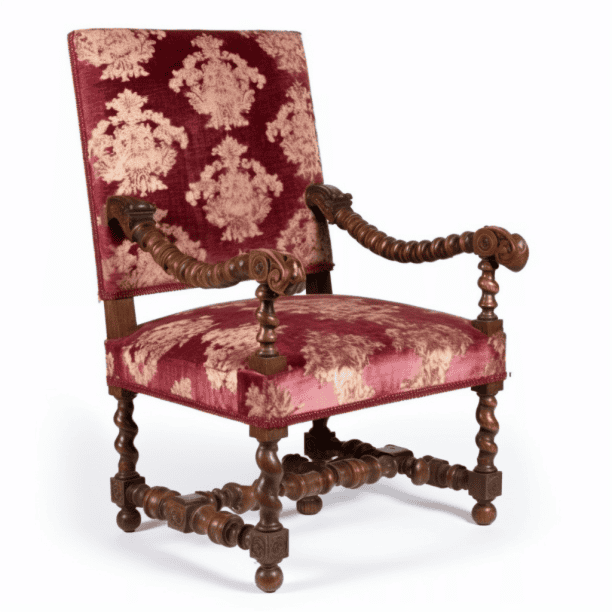 Louis XIII bordeauxrode fauteuil, houtsnijwerk