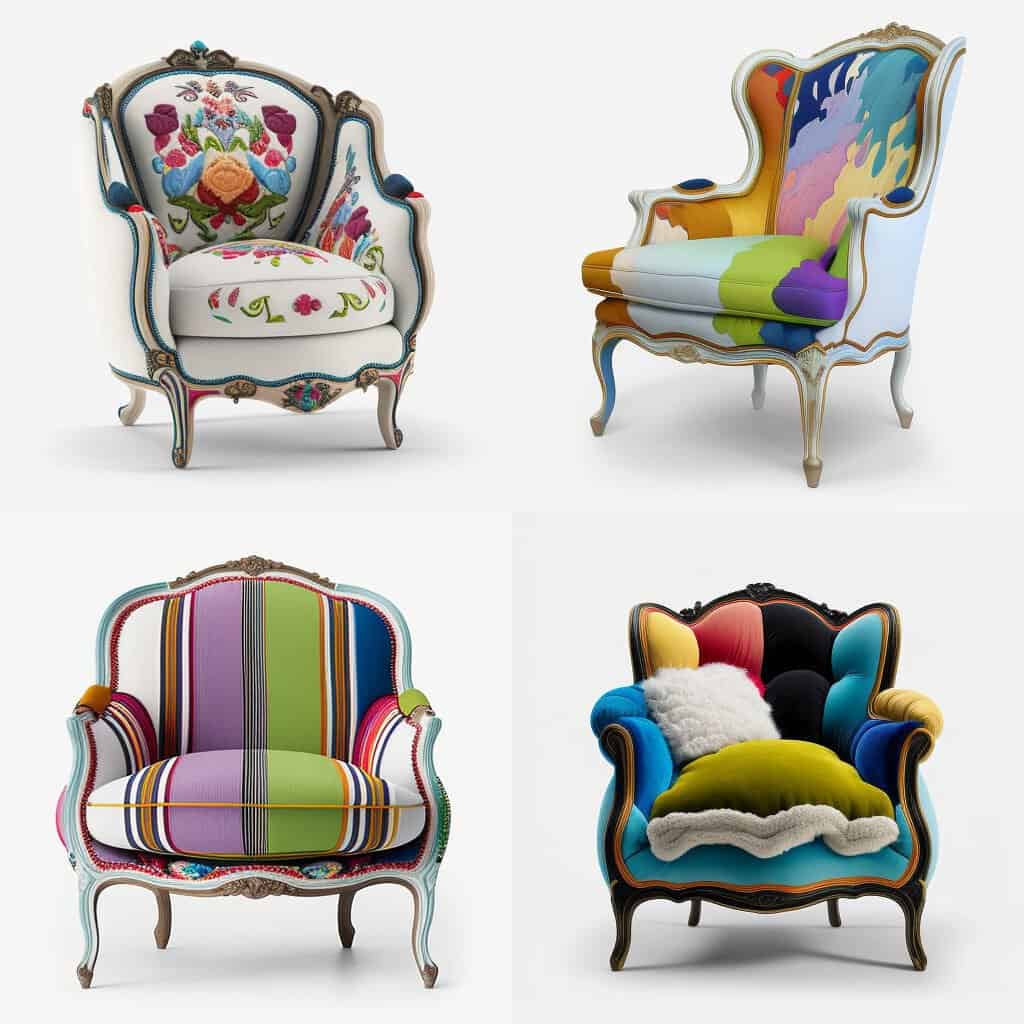 Bergères de style Louis XV relookées en tissu multicolore