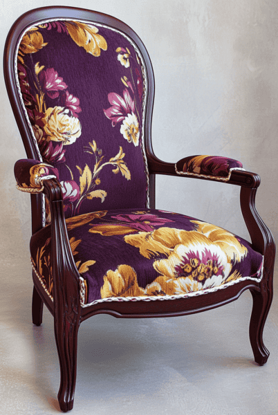 Voltaire fauteuil met grote barokke bloemenstof op bordeauxrode achtergrond