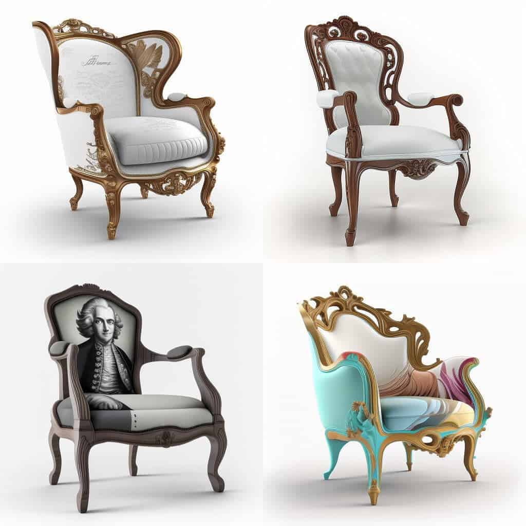 Fauteuil Voltaire en bois, relooké par intelligence artificielle