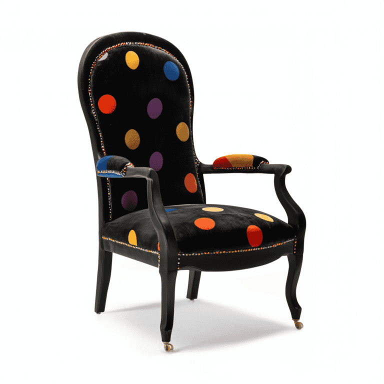 Fauteuil Voltaire relooké avec du velours noir à pois multicolore