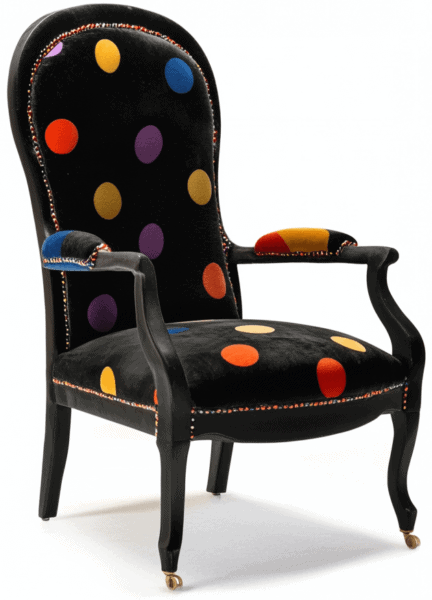 Fauteuil Voltaire relooké avec du velours noir à pois multicolore