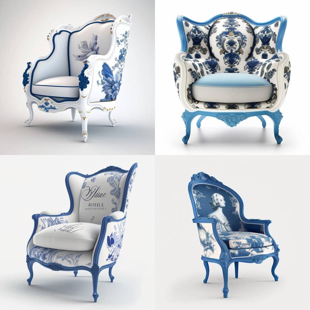Fauteuil Voltaire relooke en porcelaine de Deelft blanc et bleu Fauteuil Voltaire relooké en porcelaine de Deelft blanc et bleu