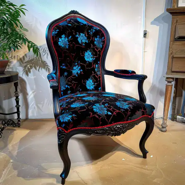 Fauteuil Voltaire tapisse de velours noir et bleu