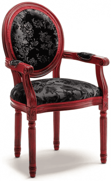 Louis XV medaillon fauteuil rood geschilderd met zwart brokaat
