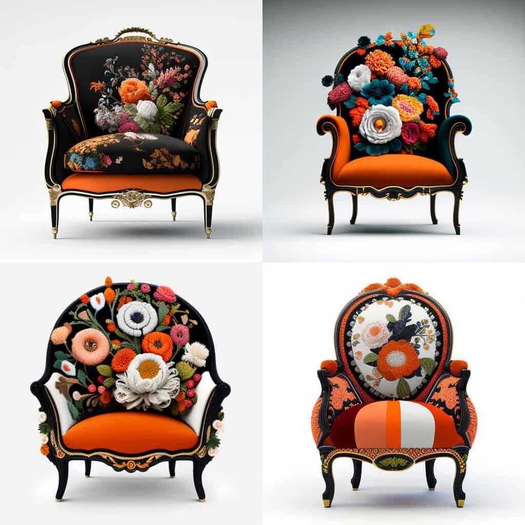 Fauteuils Louis XVI tricot laine fleurs orange noir