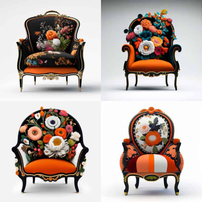 Fauteuils Louis XVI tricot laine fleurs orange noir