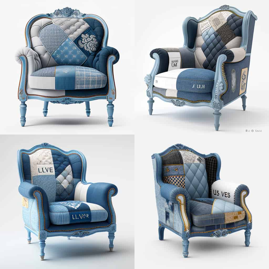 Louis XVI fauteuil makeover in patchwork van blauwe jeans