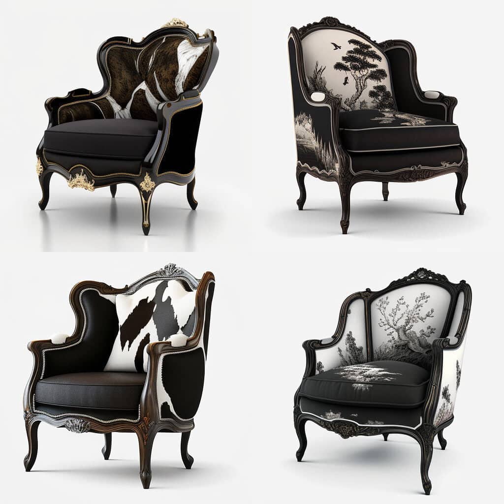 Relookings de bergere Louis XV bois et tissu noir et brun Relookings de bergère Louis XV bois et tissu noir et brun