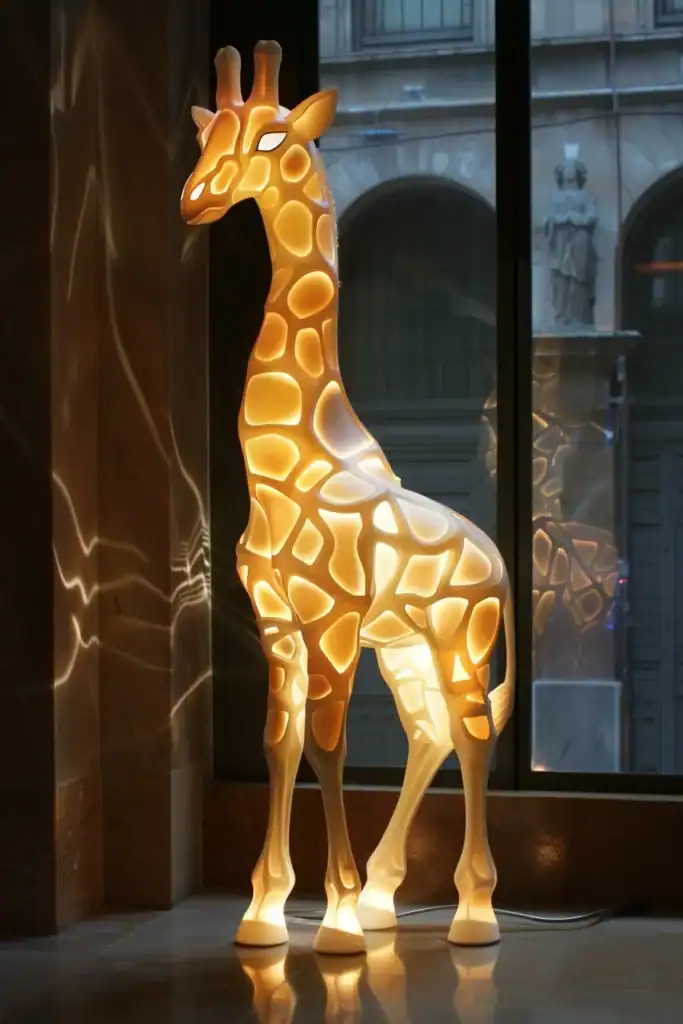 lampe girafe allumée inspirée de Stefano Giovannoni Qeeboo par IA Midjourney