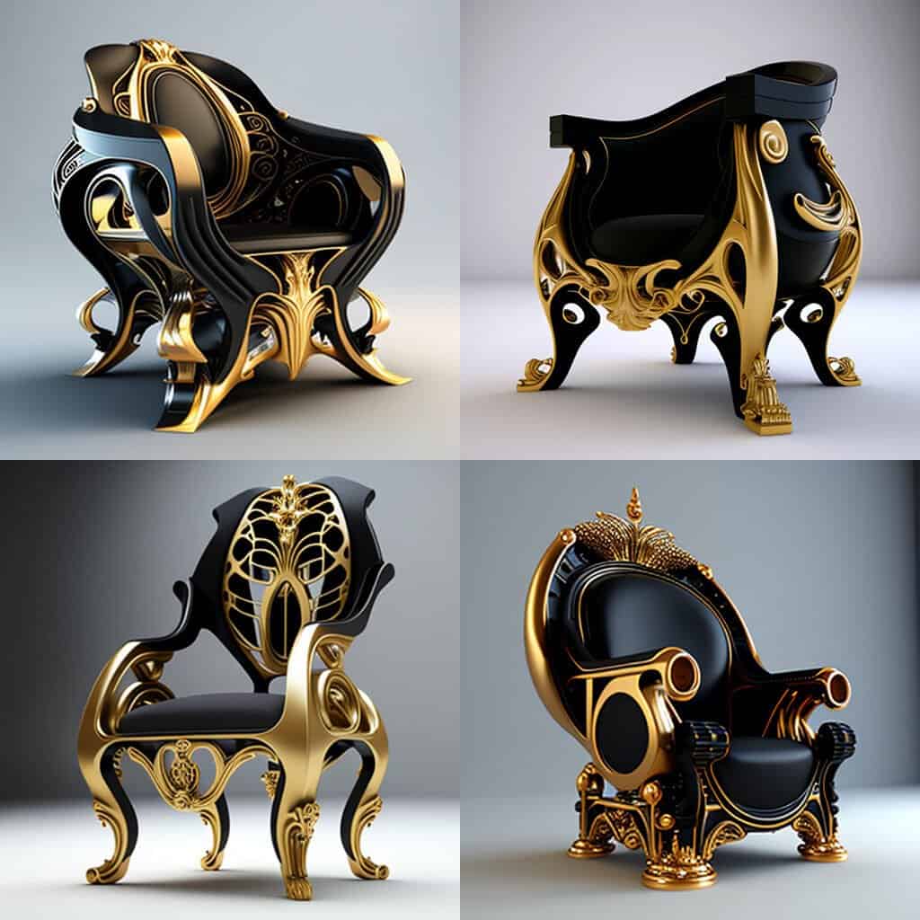 Fauteuil Louis XIV noir et or style futuriste