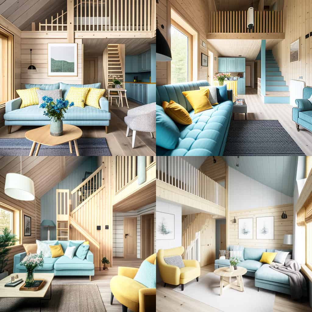 Intelligence artificielle design dinterieur chalet pin jaune bleu Intelligence artificielle design d'interieur chalet pin jaune bleu