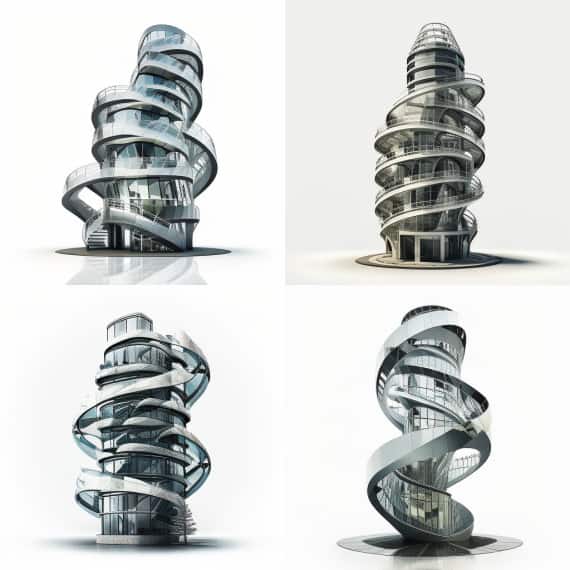 Midjourney architecte batiment double spirale metal et verre Midjourney architecte bâtiment double spirale métal et verre