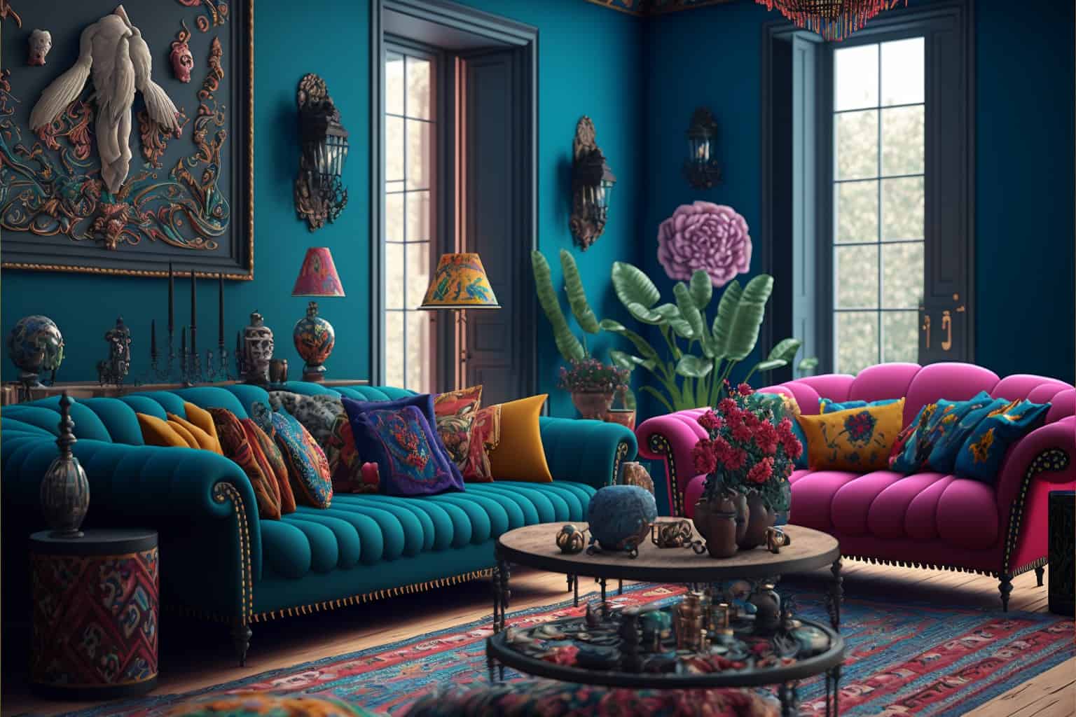 Midjourney deco mexicaine bleu petrole fuchsia Midjourney déco mexicaine bleu pétrole fuchsia