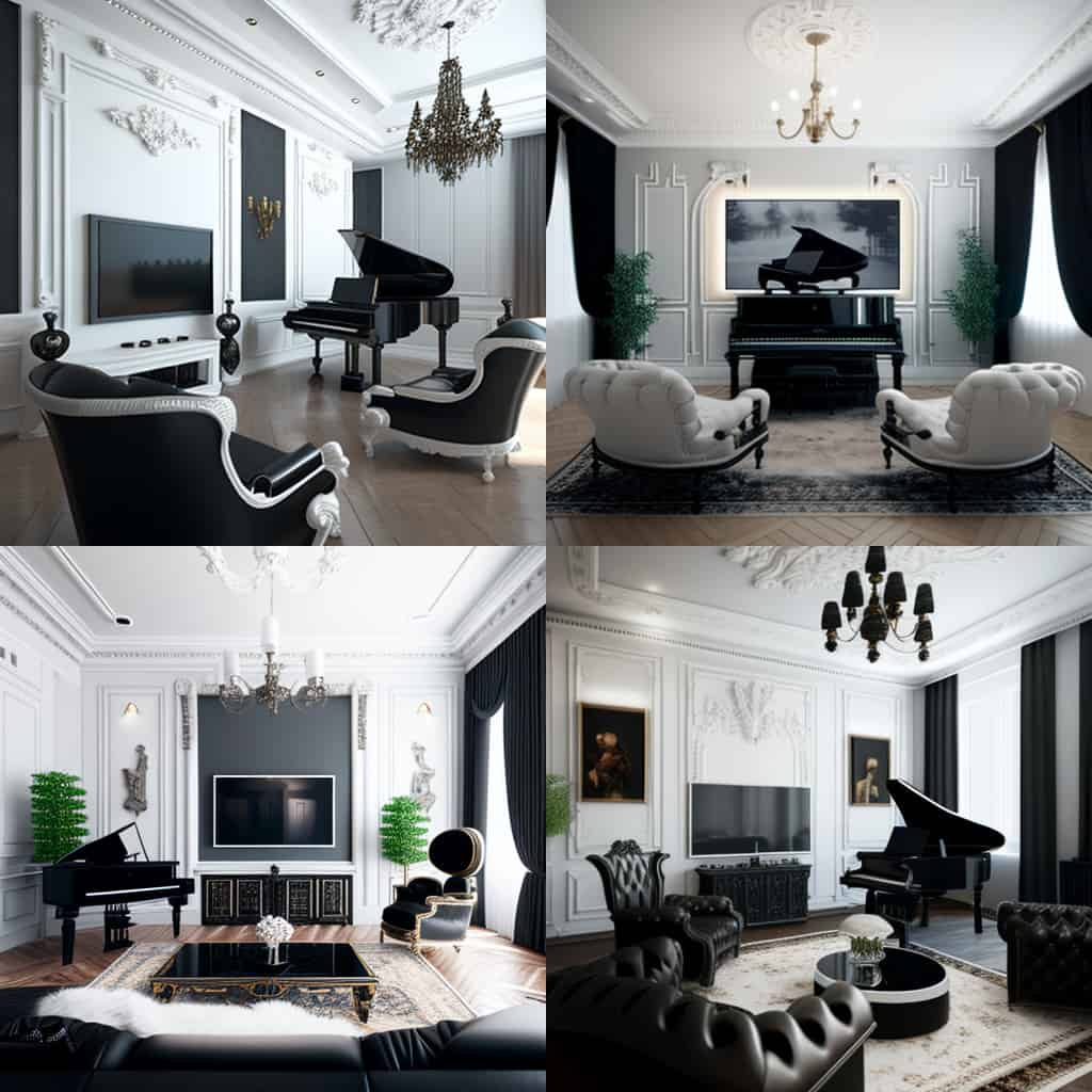 Midjourney decoration dinterieur baroque canape cuir noir fauuteuils piano TV Midjourney décoration d'intérieur baroque canapé cuir noir fauteuils piano TV