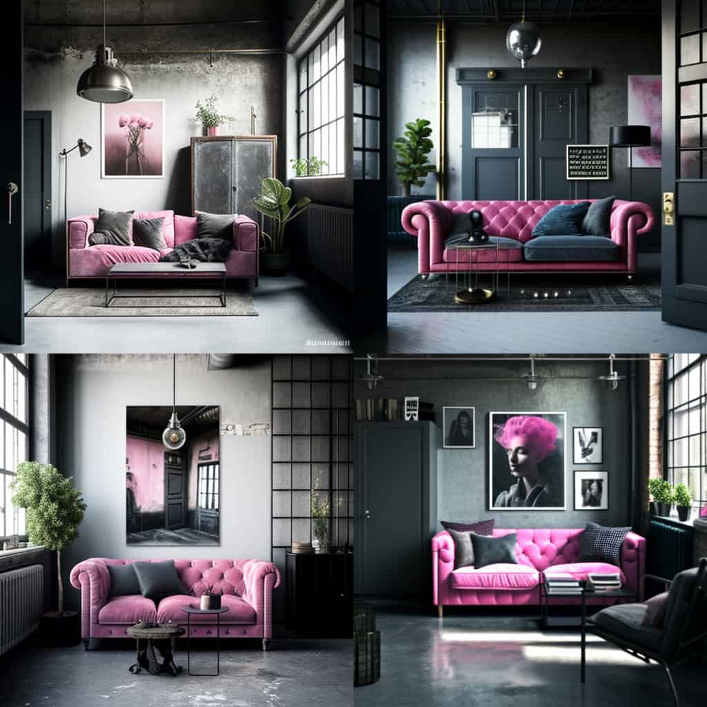 Midjourney design dinterieur style industriel metal rose et gris Midjourney design d'interieur style industriel métal rose et gris