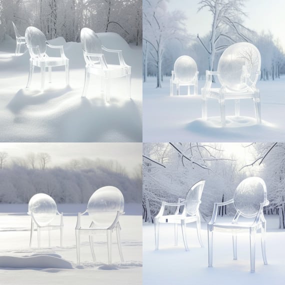 Midjourney fauteuil Louis Ghost de Philippe Starck dans la neige hiver Midjourney fauteuil Louis Ghost de Philippe Starck dans la neige hiver