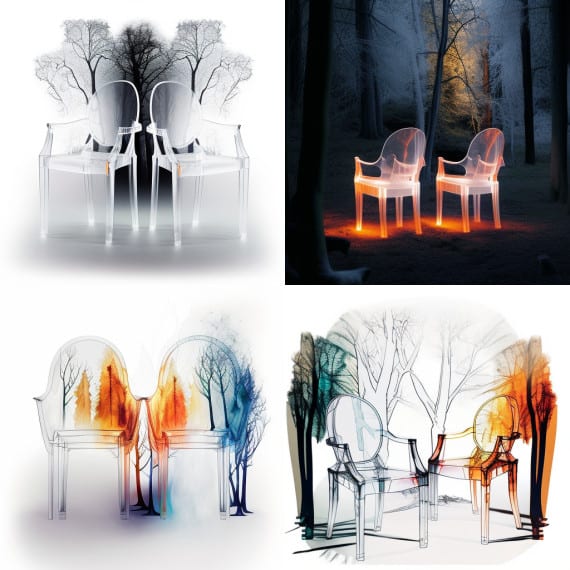 Midjourney fauteuil Louis Ghost de Philippe Starck en feu dans une foret Midjourney fauteuil Louis Ghost de Philippe Starck en feu dans une forêt