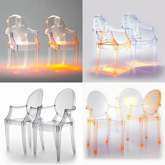 Midjourney fauteuil Louis Ghost de Philippe Starck en feu Midjourney fauteuil Louis Ghost de Philippe Starck en feu