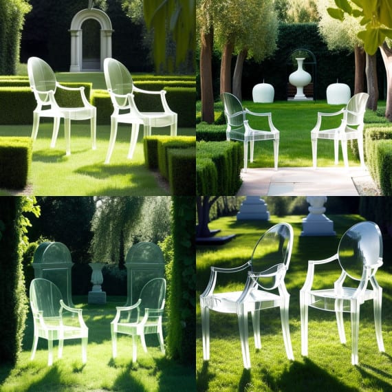 Midjourney fauteuil Louis Ghost de Philippe Starck jardin ete Midjourney fauteuil Louis Ghost de Philippe Starck jardin été