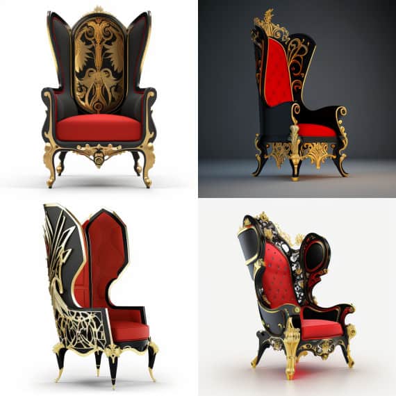 Midjourney fauteuil haut pieds fins dos baroque noir rouge et or Midjourney fauteuil haut pieds fins dos baroque noir rouge et or