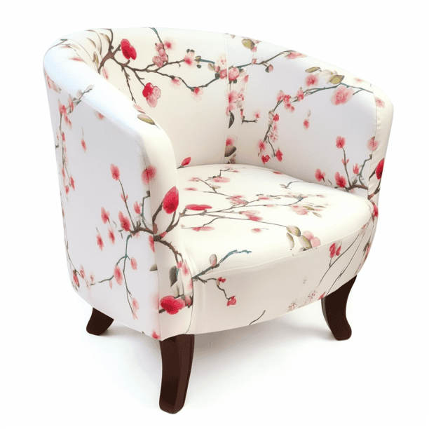 Fauteuil crapaud blanc à fleurs de cerisier roses
