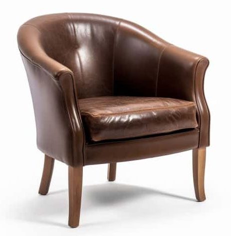 Fauteuil crapaud relooké cuir brun vieilli