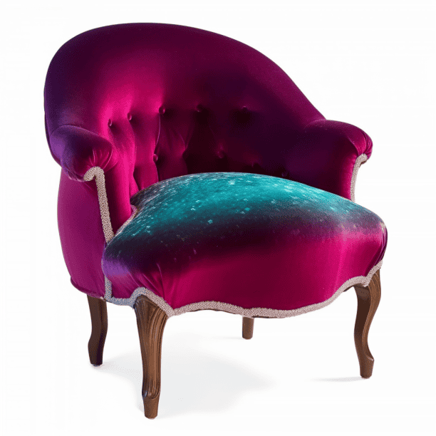 Fauteuil crapaud style néo pop tissu iridescent violet turquoise