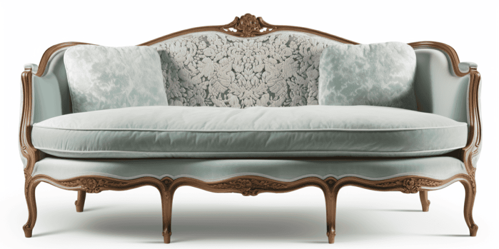 Banquette Louis XV relookée velours bleu vert turquoise et dentelle