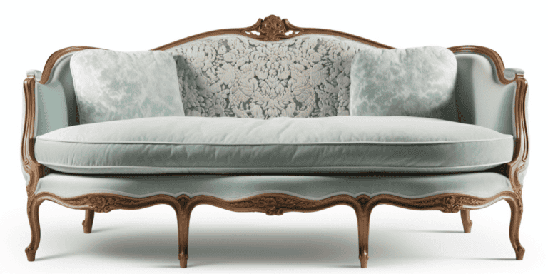 Banquette Louis XV relookée velours bleu vert turquoise et dentelle