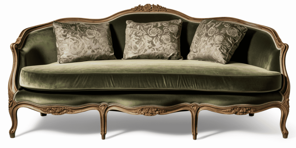 Canapé Louis XV relooké velours vert olive