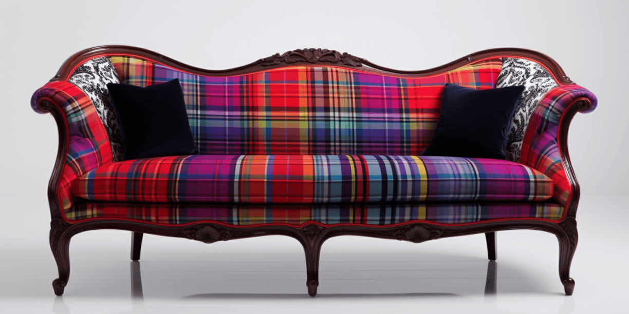 Canapé Louis XV relooking tartan multicolore