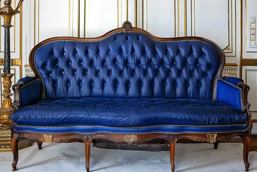 Flitsende blauwe kunstleren Louis XV bank