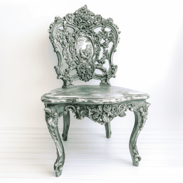 Chaise Louis XV relookée bois sculpté peinture patinée vert bleu