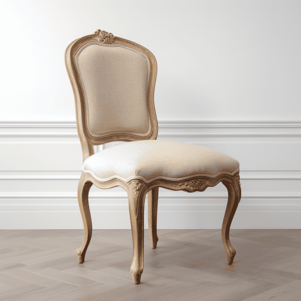 Chaise Louis XV retapissée tissu chanvre beige et bois brut
