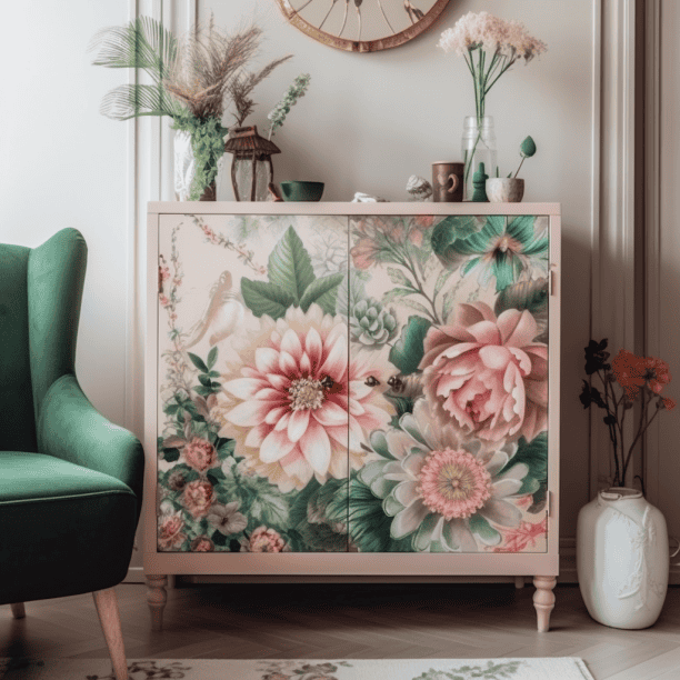 Commode a fleurs relookee DIY blanc fleurs rose vert
