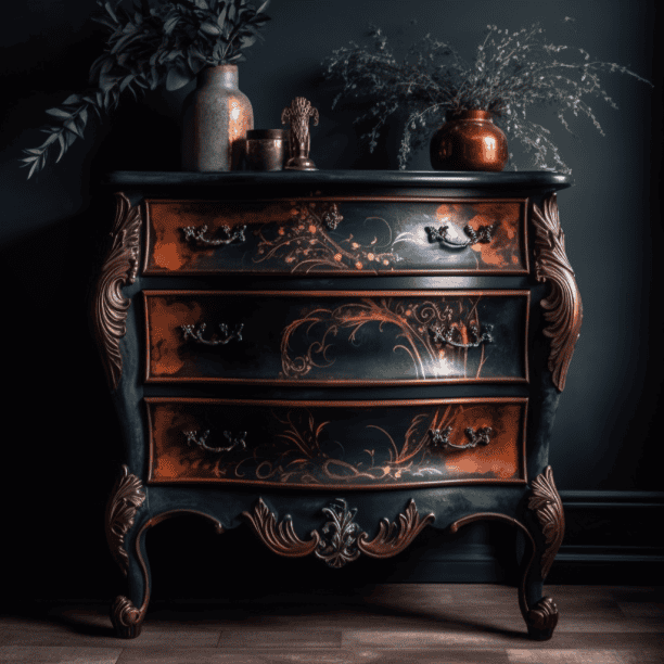Commode ancienne relookee noir bronze motif floral