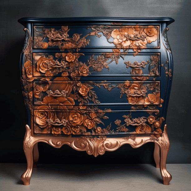 Commode baroque relookee bleu marine et bronze DIY