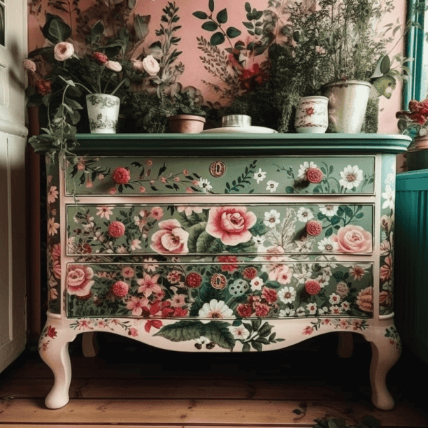 Commode blanche motifs floraux exuberants repeinte fleurs roses feuilles vertes