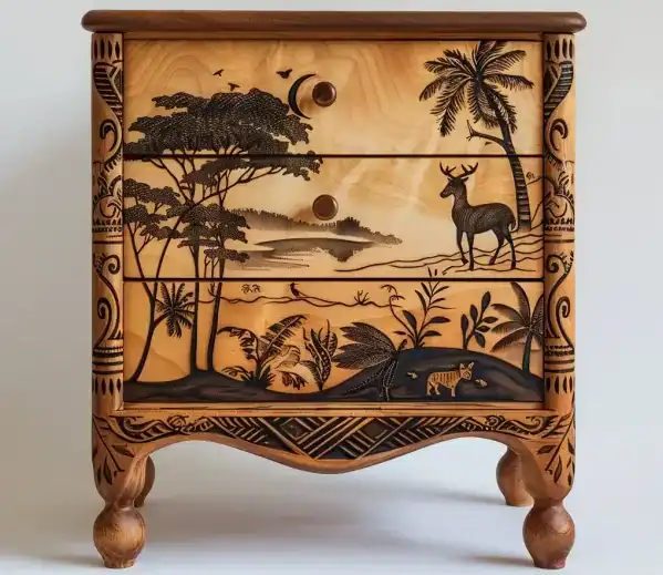 Commode relookee en bois brule style africain e1717150567735