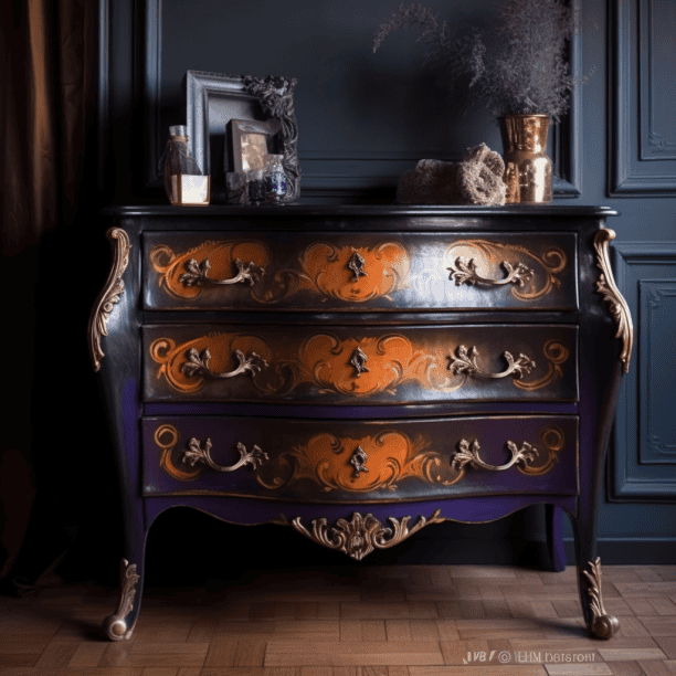Commode rococo repeinte cottagepunk violet orange bronze