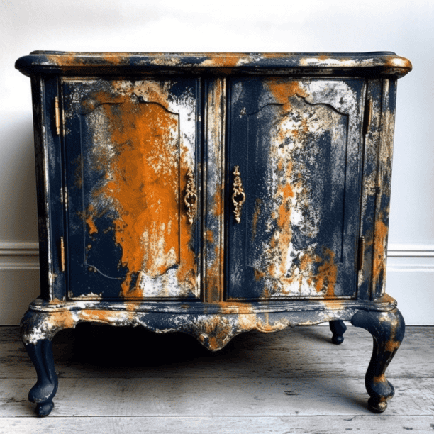 Meuble ancien relooke bleu marine eclaboussure peinture orange
