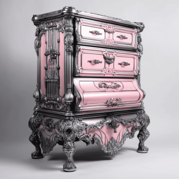 Meuble victorien orne relooke couleur argent et rose clair