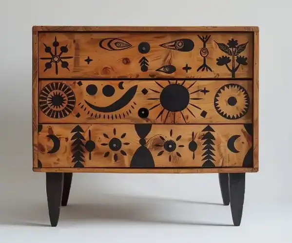 Pyrogravure tribale sur commode design e1717150536974