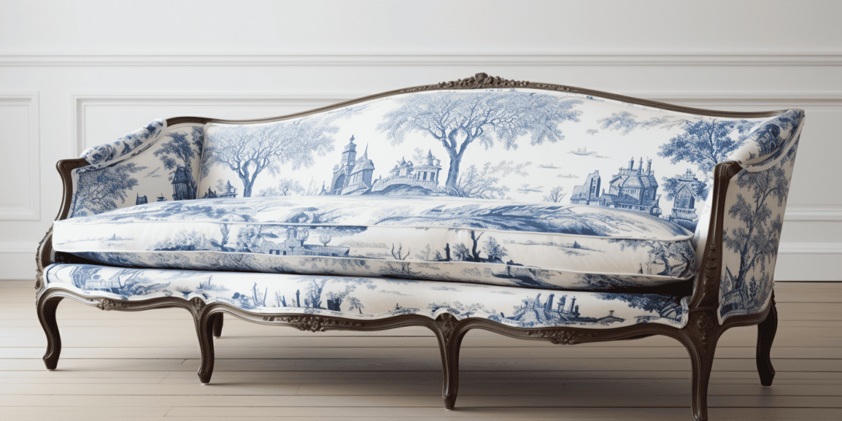 Relooking Louis XV bank in hout en blauw en wit toile de Jouy