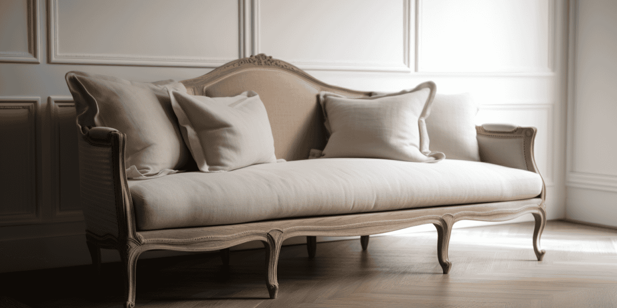 Relooking Louis XV sofa in linnen en onbehandeld hout