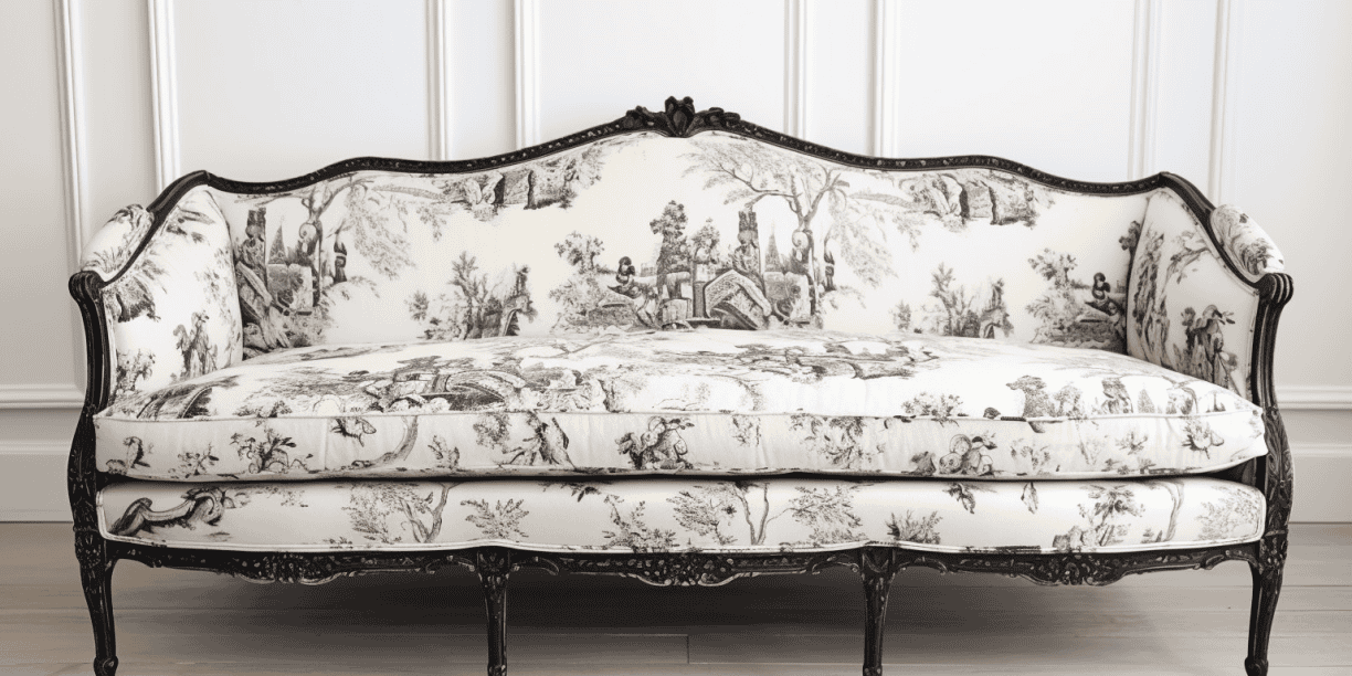 Relooking canapé Louis XV peinture noire et toile de Jouy noir et blanc