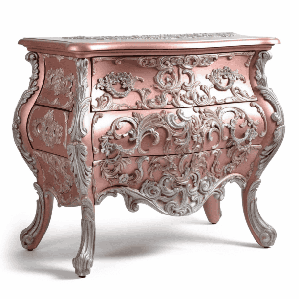 Relooking exuberant commode baroque rose pale et gris clair argente