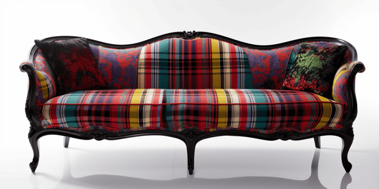 Sofa Louis XV relooké tartan bariolé