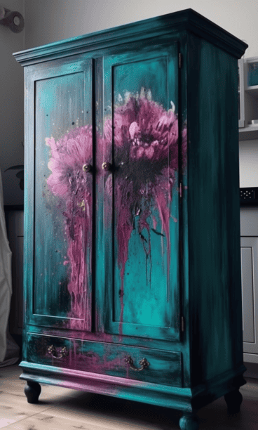 Superbe buffet relooke turquoise sombre avec enormes fleurs roses impressionnistes